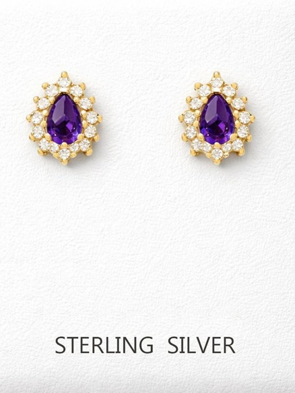 Created Amethyst & W/Sapphire Stud Earrings 14k Yellow Gold Plated (.925)